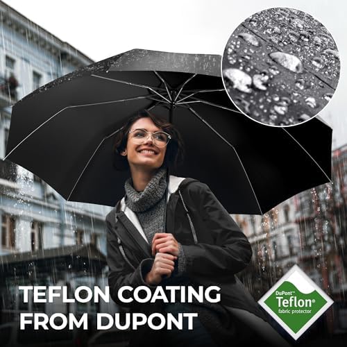 Umbrella Windproof Compact - Strong Storm Proof Frame + Auto Open Close | Women Mens Lightweight Small Travel Folding Golf Brolly + Double Canopy, Ergonomic Handle | Water Resistant Teflon Black - Image 4