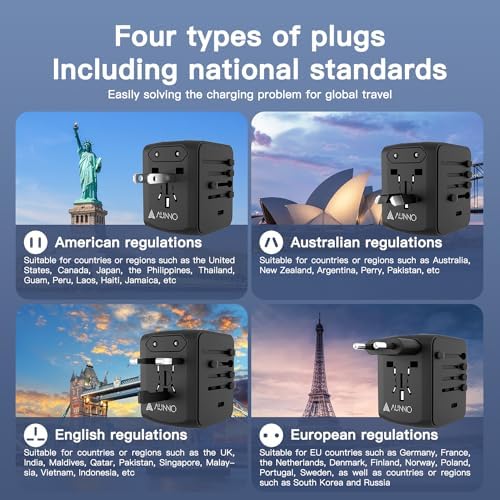 AUNNO Universal Travel Adapter, International Travel Plug Adapter with 1 USB C and 2 USB Ports, All in One Worldwide Plug Adaptor, UK to European Power Universal Plug Adaptor for EU USA Australia - Image 4