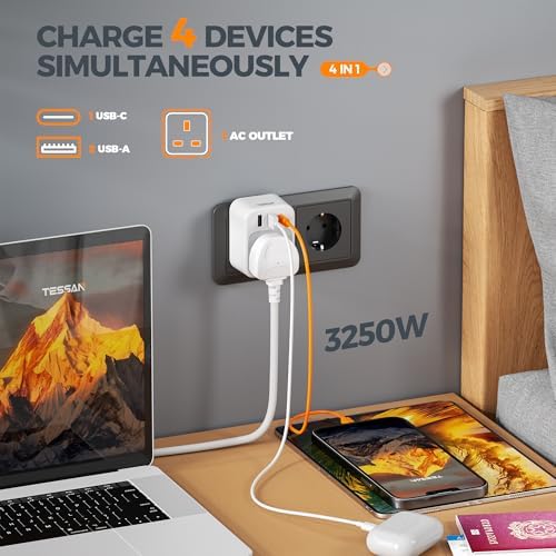 TESSAN UK to European Plug Adapter 2 Pack, USB C Travel Adapter UK to Europe with 3 USB, 4 in 1 Type E F EU Plug for Euro Spain France Turkey Germany Egypt Norway Iceland Greece Portugal Poland - Image 4