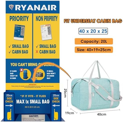 for Ryanair Cabin Bag 40X20X25 Underseat Foldable Travel Duffel Bag Holdall Tote Overnight Weekend Carry on Luggage for Women and Men 20L (Mint Green) - Image 3