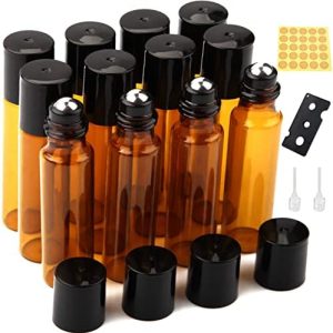 Essential Oil Roller Bottles 12Pcs 10ml Empty Rollerball Bottle Roll on Bottles with Stainless Steel Roller Balls Amber Glass Roller Bottles for Essential Oils,Perfumes,Cosmetics,Aromatherapy Massage