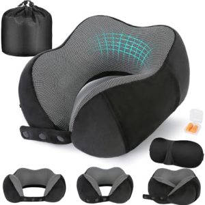 Travel Pillow for Airplane, Neck Pillow for Travel, Memory Foam Travel Neck Pillow for Adults, Adjustable & Compact Flight Pillow, Ergonomic Neck Cushion, With Ear Plugs, Eye Mask, Carry Bag