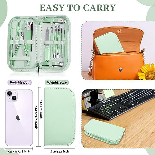 Nail Clipper Manicure Set, Manicure Pedicure Kit Professional, Travel Manicure Set for Women Men, Manicure & Pedicure Tools & Accessories, Nail Care Tool with Green Leather Travel Bag, Set 12 in 1 - Image 5