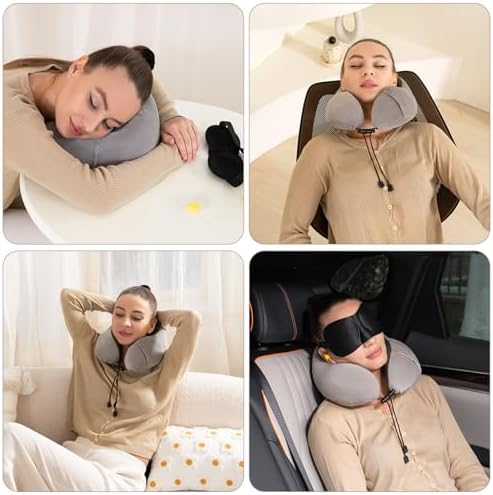 Good Nite Travel Pillow Neck Memory Foam Support Pillow for Adults Travel Airplane Camping Car Train Office Pillow Flight Plane Pillows with Ear Plugs Eye Mask Carry Bag Grey - Image 7