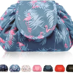 Lazy Drawstring Makeup Bags, Large Capacity Waterproof Travel Portable Cosmetic Bag Pouch Makeup Pouch Storage Organiser for Women Girl (Flamingo)