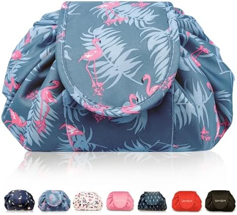 Lazy Drawstring Makeup Bags, Large Capacity Waterproof Travel Portable Cosmetic Bag Pouch Makeup Pouch Storage Organiser for Women Girl (Flamingo)