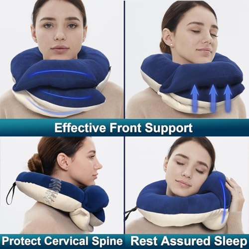 BUYUE Travel Neck Pillows for Airplanes, 360° Head Support Sleep for Long Flight, Skin-Friendly & Breathable, Kit with 3D Contoured Eye Mask, Earplugs and Storage Bag (Adult, Navy Blue, 100+ lbs) - Image 2