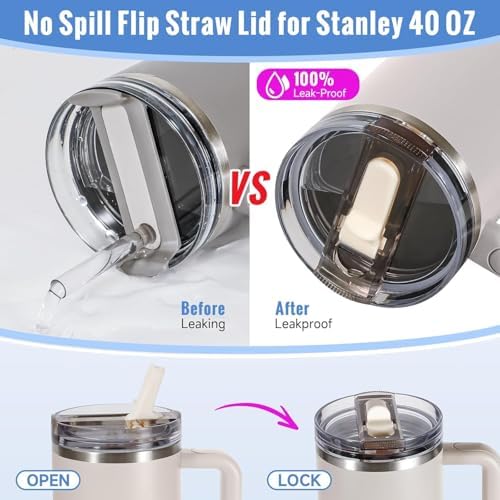 40oz Leakproof Lids for Stanley Cup - Tumbler Detachable Flip Straw Lid,Lids Replacement for Stanley Cups,Travel Cup Accessories,Set with Cover,Straw,Non Spill Lid, Detachable Tool (Black-2PCS) - Image 2
