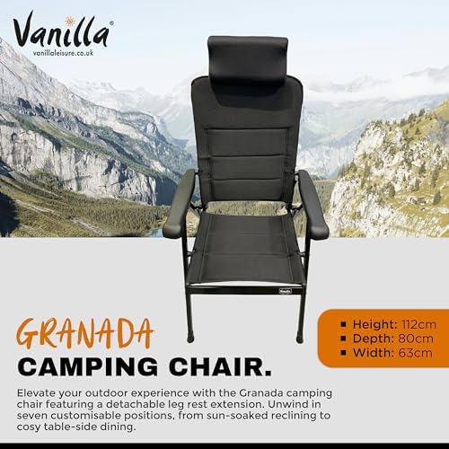Vanilla Leisure Camping Chair & Leg Rest Set - Heavy Duty Max 150kgs Load Camping Chairs for Adults - Extendable Headrest & 7 Reclining Positions - Chair for Picnic Festival & Travel - D80xW63xH112cm - Image 2