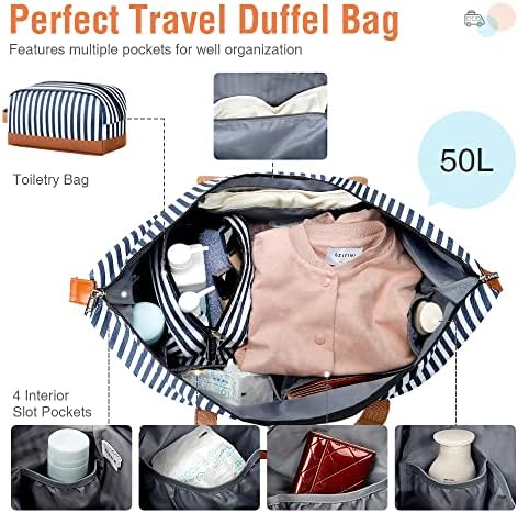 Lekesky Weekend Travel Bags for Women - 50l Foldable Overnight Bag with Shoes Bags & Toiletry Bag & Shoes Compartment, Travel Holdall Bag for Airlines, Maternity Hospital Bag (Striped,50.8*28.4*33cm) - Image 4
