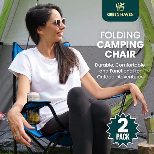 Green Haven Folding Camping Chair - Blue Lightweight Picnic Chair w/Cup Holder, 600D Polyester & Rip Stop, Heavy Duty Steel Frame Arm Portable Comfy for Outdoor Camping - Image 3