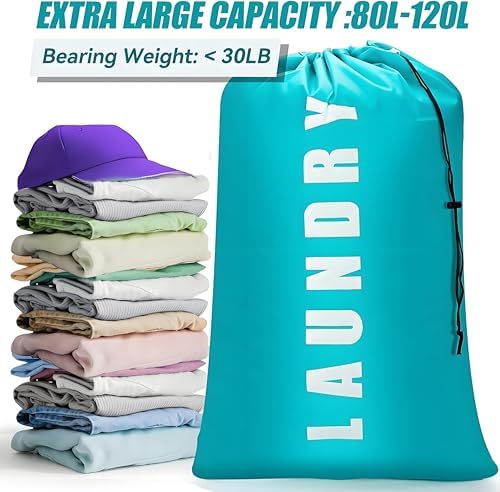 2 Pack Large Laundry Bags, 24" x 36" Portable Laundry Bags with Drawstring Cord, Ideal for Travel, Home, Dormitory, and Camping Use (Cyan + Pink) - Image 5
