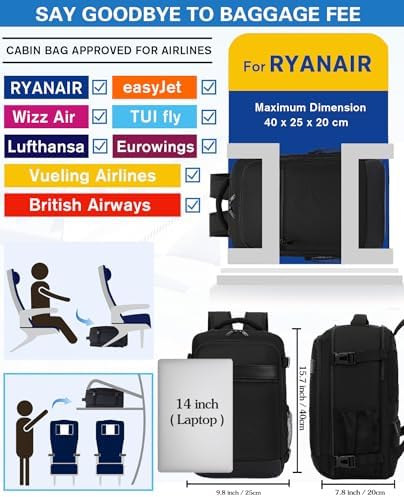 Cabin Bags 40x20x25 for Ryanair Underseat Travel Backpack Ruscksack Carry-ons Hand Luggage Bag Cabin Size 20L for Flight with Laptop Compartment Fit 14 Inch Laptop Black - Image 2