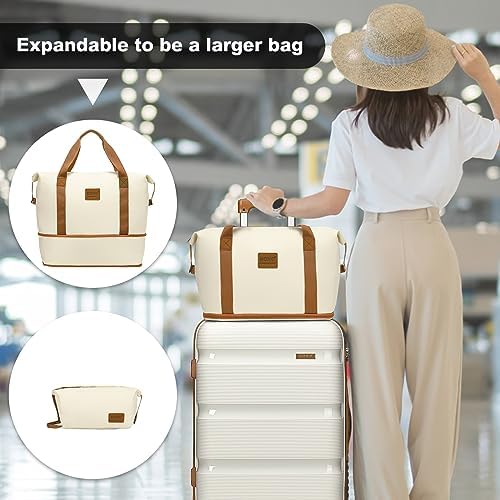 Kono Travel Duffel Bag Expandable Overnight Weekend Bags for Women with a Cosmetic Pouch Dry and Wet Seperated Water Resistant Carry On Hand Luggage Sports Gym Hospital Tote 36L (Beige/Brown) - Image 7