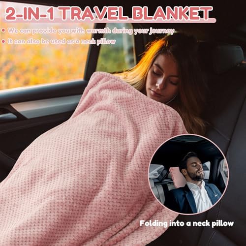 Travel Blanket and Pillow Set Soft Flannel Airplane Blanket Double Purpose Flight Blanket Portable Travel Throw Blanket Office Blanket with Fixed Belt Travel Essentials Gifts for Women, Men, Kids - Image 5