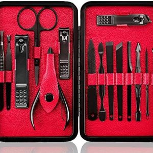 Manicure Set Nail Set Nail Clipper Kit Professional - Stainless Steel Pedicure Set Nail Grooming Kit of 15pcs with Case for Travel (Black/Red)