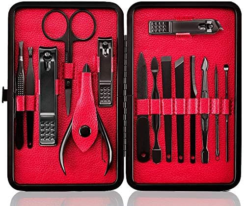 Manicure Set Nail Set Nail Clipper Kit Professional - Stainless Steel Pedicure Set Nail Grooming Kit of 15pcs with Case for Travel (Black/Red)