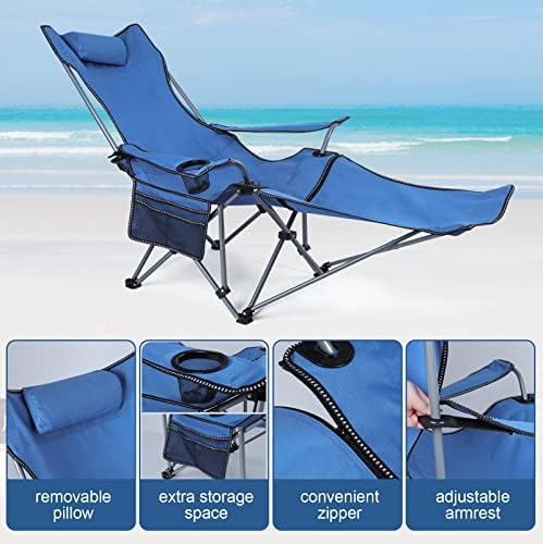 Reclining Camping Chair with Detachable Foot Rest, Folding Lounge Chair for Adults, Portable Folding Chair for Travel Beach Patio, Blue - Image 5