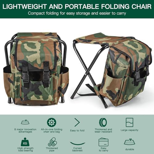 Backpack Chair, 2 in 1 Folding Camping Chair with Backpack Waterproof, Foldable Fishing Tackle Bag with Stool Seat 100kg Max, 10L Backpacking Fishing Stool for Hiking Picnic Travel - Image 5