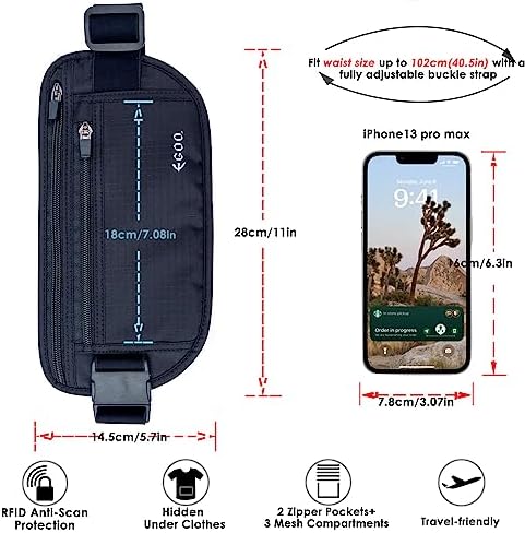 EGOO - Ultralight RFID Money Belt with Adjustable Elastic Strap for Travel Hidden Security Waist Money Pouch with Multi-Pocket + 3 RFID Card Protector Sleeve (Black) - Image 2