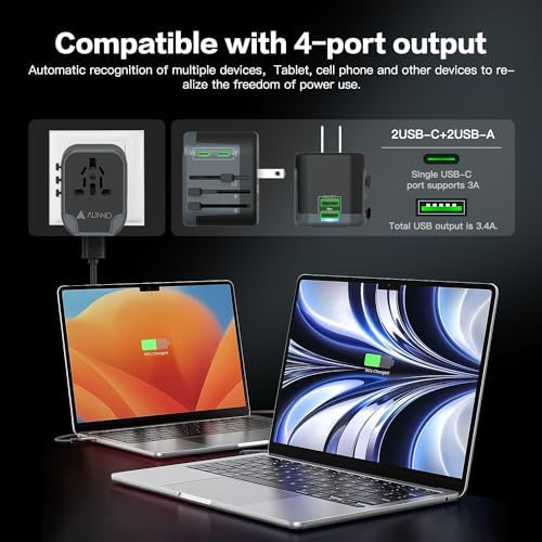 AUNNO Universal Travel Adapter, International Travel Plug Adapter with 2 USB-C and 2 USB Ports, All in One Plug Adaptor with Dual Safety Fuses, UK to European Plug Adaptor for EU USA Australia etc - Image 2