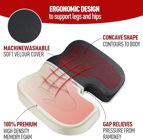 Memory Foam Seat Coccyx Cushion for Office Chair Pain Relief Cushion Pillow for Back Support Non-Slip Seat Pad for Office Desk, for Car, Travel and Wheelchair, Sciatica-Black - Image 3