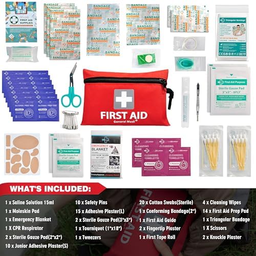 General Medi Mini First Aid Kit, 92 Pieces Small First Aid Kit - Includes Emergency Foil Blanket, Scissors for Travel, Home, Office, Vehicle, Camping, Workplace & Outdoor (Red) - Image 2