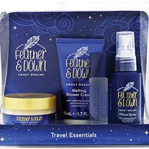 Feather & Down Travel Essentials Gift Set (Pillow Spray, Melting Shower Cream, Sleep Butter & Relaxing Roll-On) - Infused with Lavender & Chamomile Essential Oils. Vegan Friendly & Cruelty Free.