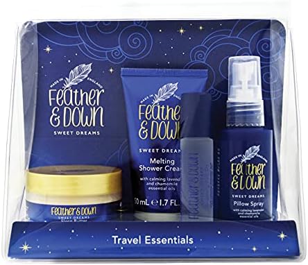 Feather & Down Travel Essentials Gift Set (Pillow Spray, Melting Shower Cream, Sleep Butter & Relaxing Roll-On) - Infused with Lavender & Chamomile Essential Oils. Vegan Friendly & Cruelty Free.