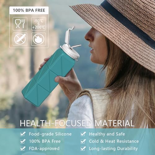 Collapsible Water Bottle with Straw, Silicone Foldable Portable Water Bottles 610ml Lightweight Reusable Leakproof for Travel Camping Hiking Cycling Yoga Sports - Image 3