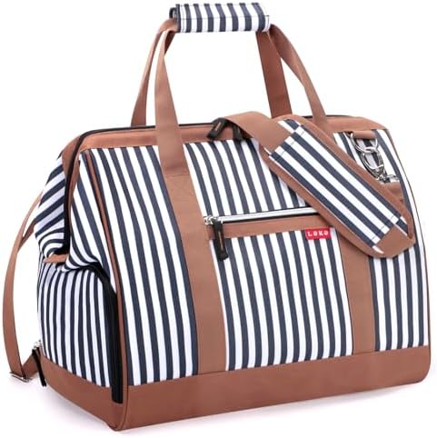 Lekesky Weekend Overnight Bags for Women - 33l Top Large Opening Travel Duffles Bag, Holdall Bag for Airlines with Shoes Compartment (White Stripes,42 * 33 * 24cm)
