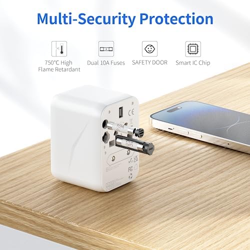Universal Travel Adapter, Hotimy Worldwide Travel Adapter with USB C & 2 USB A Ports, Dual 10A Fused International Power Adapter, Universal Plug Adaptor All in One for Europe, UK, US, Australia & More - Image 5