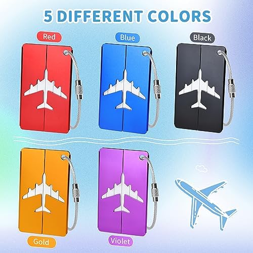 5 Pcs Luggage Tags, Aluminium Suitcase Tags with Steel Loop and Waterproof Name ID Card for Travel Bag, Checked Luggage, Suitcases, Laptop Bags, Backpacks (7.5 x 4.5 cm, 5 Colours) - Image 2