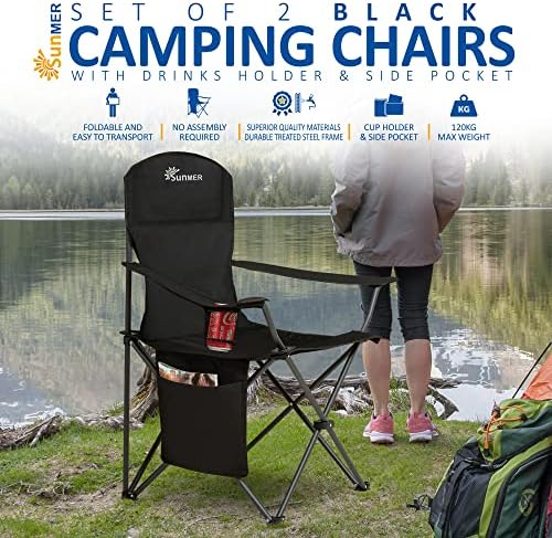 SUNMER Set of 2 Folding Camping Chairs, Extra-Wide Lightweight Outdoor Chairs with Armrests, Cup Holder and a Side Pocket, 120kg Capacity per Chair - Black - Image 4