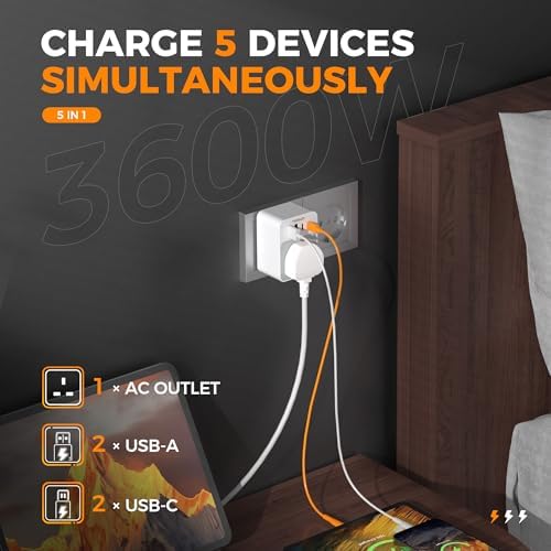 TESSAN UK to European Plug Adapter, 5 in 1 Travel Adapter with 2 USB C and 2 USB A, 3600W European Plug Adaptor, Type E F Travel for Spain France Turkey Germany - Image 6