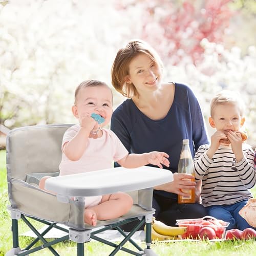Baby Camping Chair with Tray, Folding Toddler Booster Seat, Portable High Chair Seat Baby Chair with Travel Bag, Travel Highchair, Baby Feeding Chair for Picnic Camping Beach Travel - Image 2
