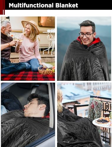 Camping Blanket, 300gsm Skin-friendly Flannel Lining with Pillow Packaging, PU 3000 Waterproof, Windproof Outdoor Blanket for Car, Keep Warm, Blanket Hoodie for Gift, Black 6.6X4.6ft - Image 6