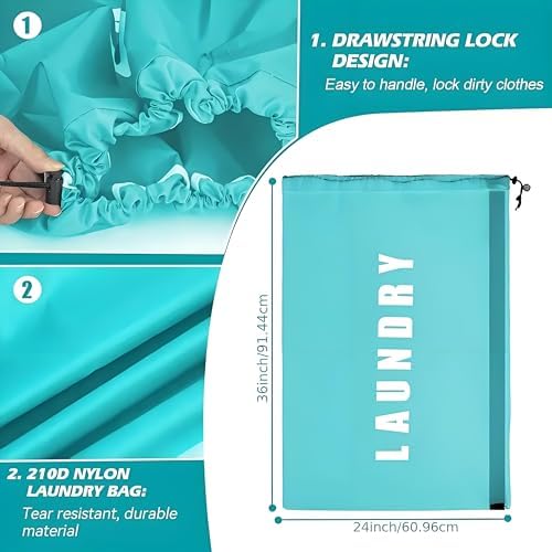2 Pack Large Laundry Bags, 24" x 36" Portable Laundry Bags with Drawstring Cord, Ideal for Travel, Home, Dormitory, and Camping Use (Cyan + Pink) - Image 3