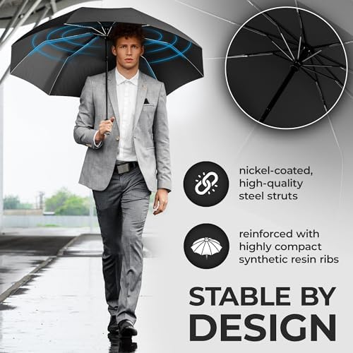 Umbrella Windproof Compact - Strong Storm Proof Frame + Auto Open Close | Women Mens Lightweight Small Travel Folding Golf Brolly + Double Canopy, Ergonomic Handle | Water Resistant Teflon Black - Image 2
