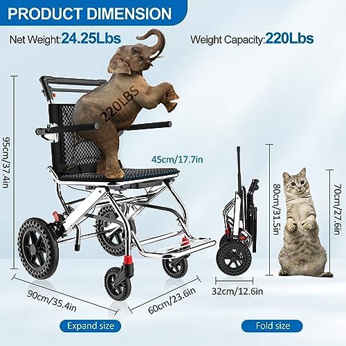 12 Inch Ultra Lightweight Wheelchairs for Adults,Wheelchairs Folding Lightweight with Handbrake and Swing-Away Footrest,45cm Widened Seat Travel Wheelchair with Storage Bag,No Assembly Required - Image 3