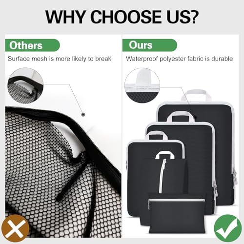 Compression Packing Cubes for Backpack,Suitcase Organiser Bags,Travel Packing Cubes Compression Set,Waterproof Travel Organiser Packing Bags,Packing Cubes for Suitcases Compression(Black 5 Pack) - Image 5