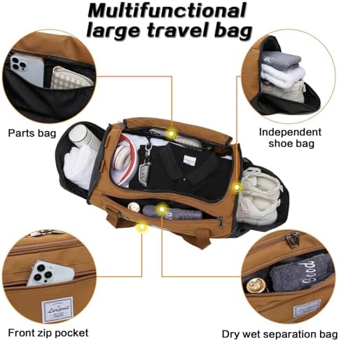 Laripwit Travel Duffle Bag for Men 40L Medium Gym Duffel Backpack with Shoe Compartment & Wet Pocket Sports Holdalls Women Weekend Overnight Bag for Traveling Camping, Brown - Image 4