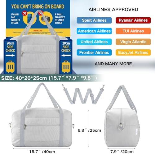 for Ryanair Cabin Bags 40x20x25 Underseat Travel Bag Small Hand Luggage Bag Tote Carry On Duffle Bag Gym Beach Overnight Flight Bag Weekend Bags for Women Men,Beige(with Shoulder Strap) - Image 3