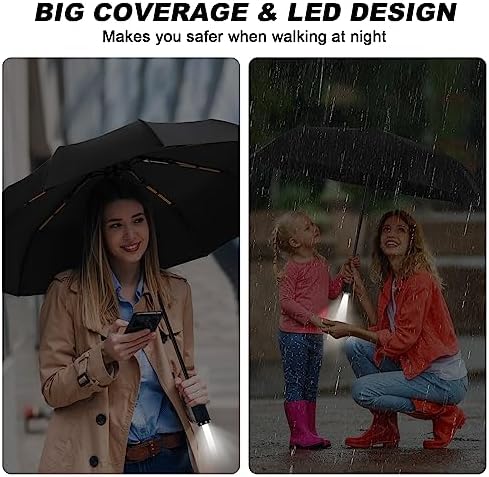 Vicloon Folding Umbrella, Travel Umbrella with LED Light, 10 Ribs Auto Open/Close Golf Umbrella, Compact Windproof Umbrella, Sturdy Reinforced Canopy Automatic Portable Umbrella - Black - Image 7