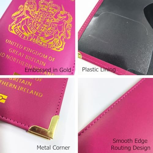 British Passport Holder, Portable UK Passport Cover for Women Men, PU Leather Travel Wallet Case Organiser for Passport Credit Cards Boarding Passes (Hot Pink) - Image 4