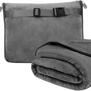 2 in 1 Airplane Blanket Set: Packable Soft Travel Blanket Pillow, Flannel Travel Blanket Pillow, Portable Travel Blanket and Pillow with Luggage Sleeve and Backpack Clip (Grey)