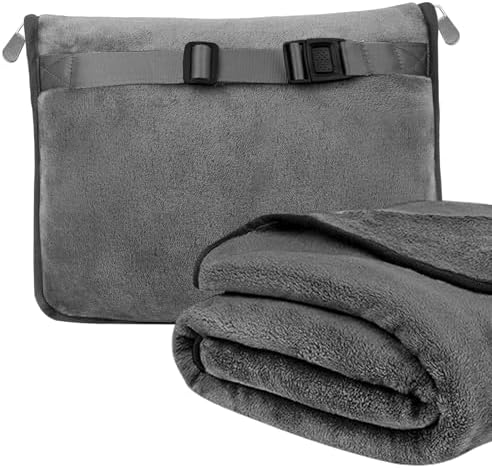 2 in 1 Airplane Blanket Set: Packable Soft Travel Blanket Pillow, Flannel Travel Blanket Pillow, Portable Travel Blanket and Pillow with Luggage Sleeve and Backpack Clip (Grey)