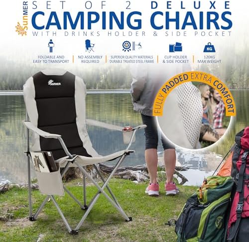 SUNMER Padded Camping Chairs - Set of 2 Deluxe Folding Chairs with Cup Holder and Side Pockets, Holds up to 120kg - Lightweight 3.3kg per Chair - Black & Grey - Image 3