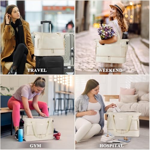 ETRONIK Gym Bag Womens, Sports Travel Duffel Bag with USB Charging Port, Weekend Overnight Bag for Women with Wet Pocket and Shoes Compartment, Hospital Bag, Beige - Image 7