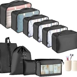 Packing Cubes for Suitcase - GEEDIAR 11 PCS Packing Cubes Travel Luggage Organizers Bag Waterproof Travel Essentials Bag Clothes Shoes Storage Bags(Black)